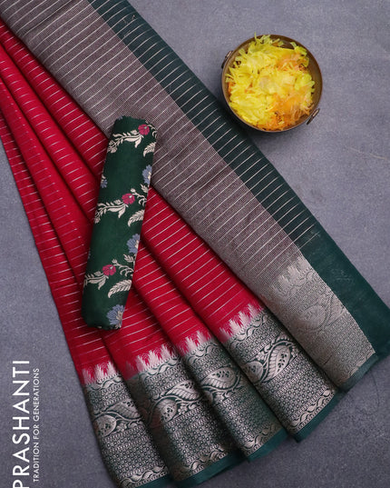 Semi dupion saree pink and dark green with allover zari stripes pattern and temple zari woven border & meenakari blouse