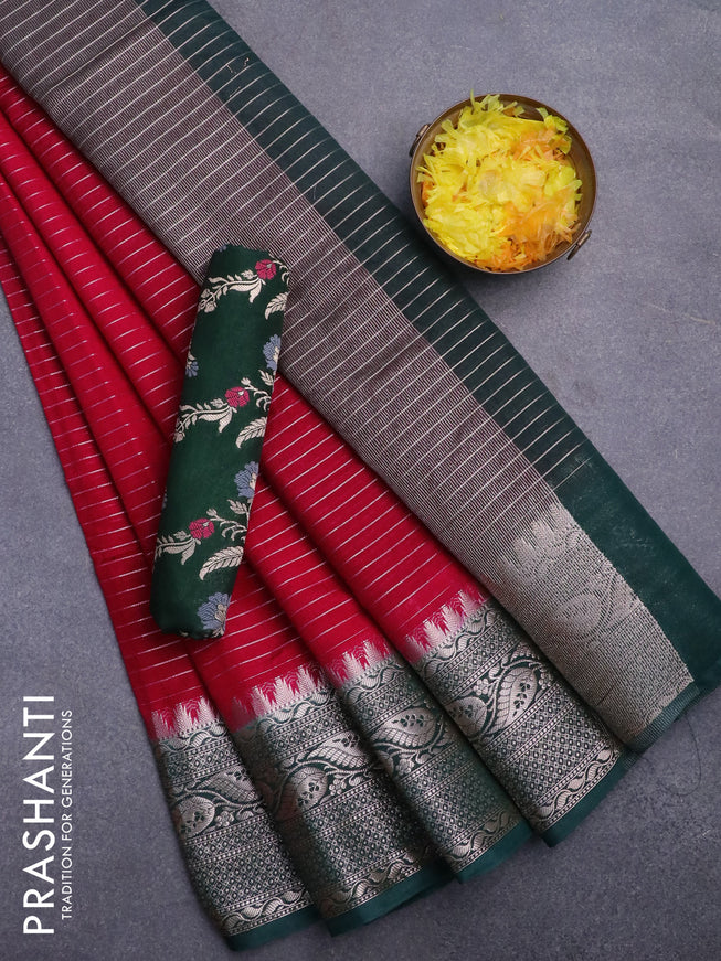 Semi dupion saree pink and dark green with allover zari stripes pattern and temple zari woven border & meenakari blouse