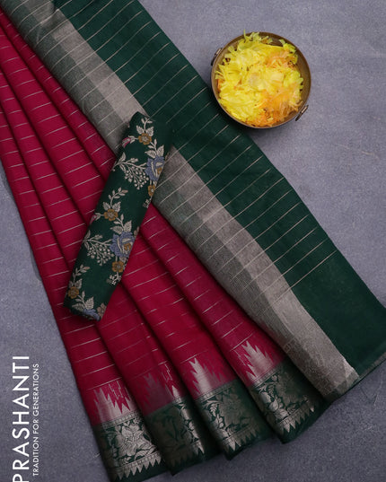 Semi dupion saree dark pink and green with allover zari stripes pattern and temple zari woven floral border & meenakari blouse