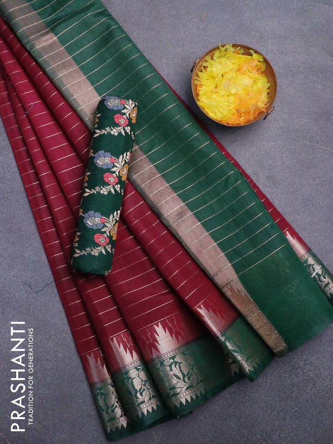 Semi dupion saree wine shade and dark green with allover zari stripes pattern and zari woven border & meenakari blouse