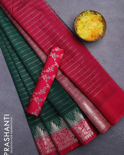 Semi dupion saree dark green and pink with allover zari stripes pattern and temple zari woven floral border & meenakari blouse