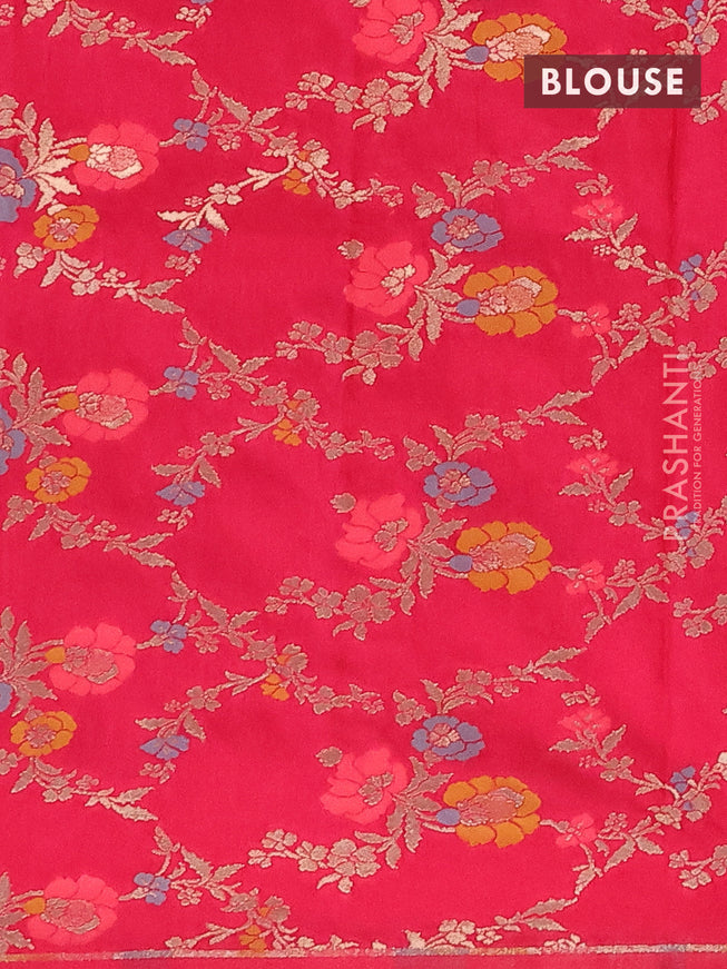 Semi dupion saree dark green and pink with allover zari stripes pattern and temple zari woven floral border & meenakari blouse