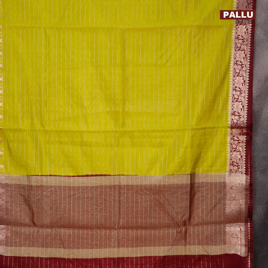 Semi dupion saree lime green and wine shade with allover zari stripes pattern and temple zari woven floral border & meenakari blouse