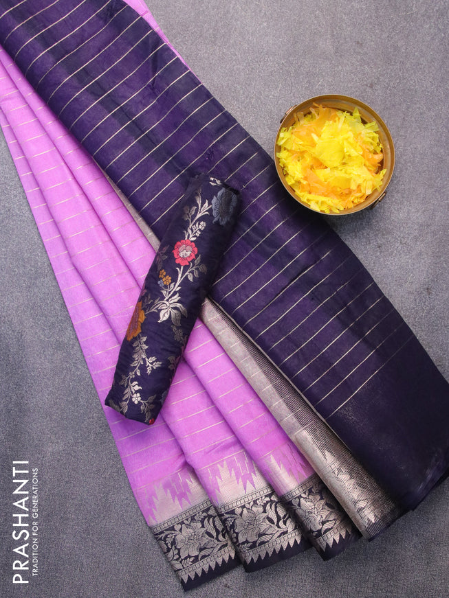 Semi dupion saree lavender and navy blue with allover zari stripes pattern and temple zari woven floral border & meenakari blouse