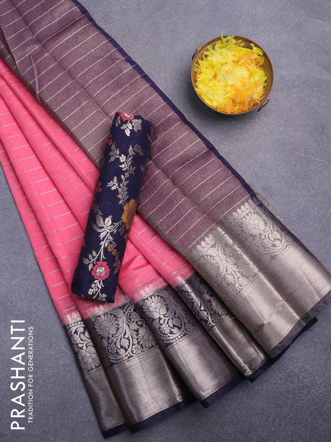 Semi dupion saree pink and navy blue with allover zari stripes pattern and long zari woven border & meenakari blouse
