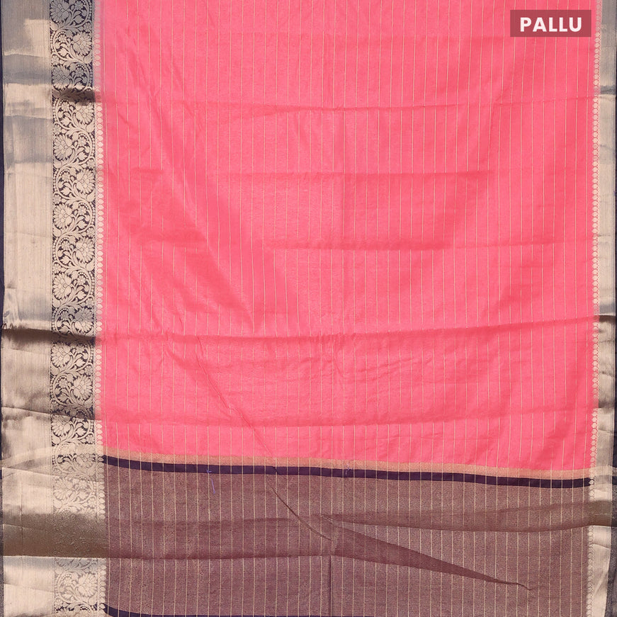 Semi dupion saree pink and navy blue with allover zari stripes pattern and long zari woven border & meenakari blouse