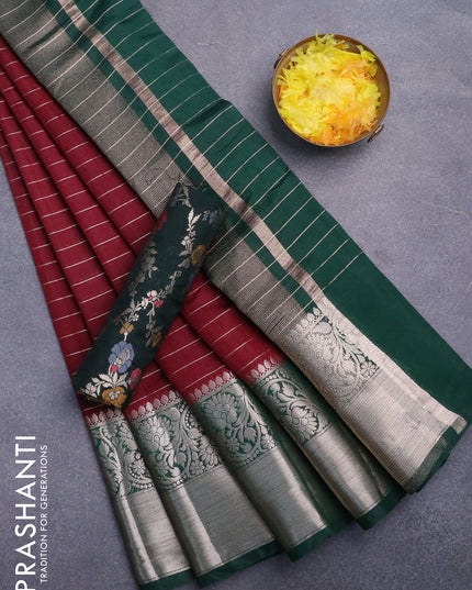 Semi dupion saree dark maroon and dark green with allover zari stripes pattern and long zari woven border & meenakari blouse