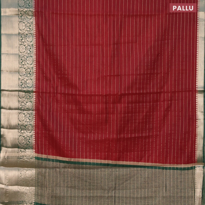 Semi dupion saree dark maroon and dark green with allover zari stripes pattern and long zari woven border & meenakari blouse