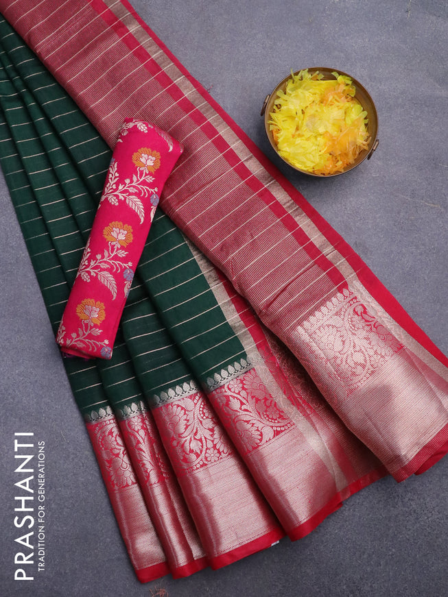 Semi dupion saree dark green and reddish pink with allover zari stripes pattern and long zari woven border & meenakari blouse
