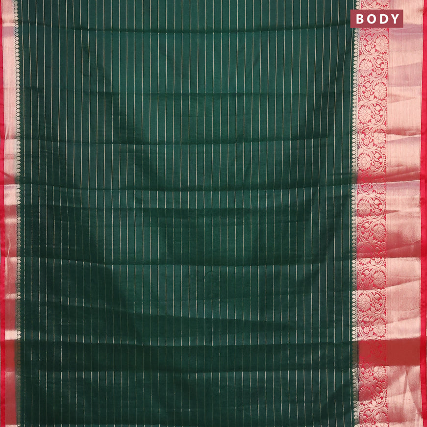 Semi dupion saree dark green and reddish pink with allover zari stripes pattern and long zari woven border & meenakari blouse