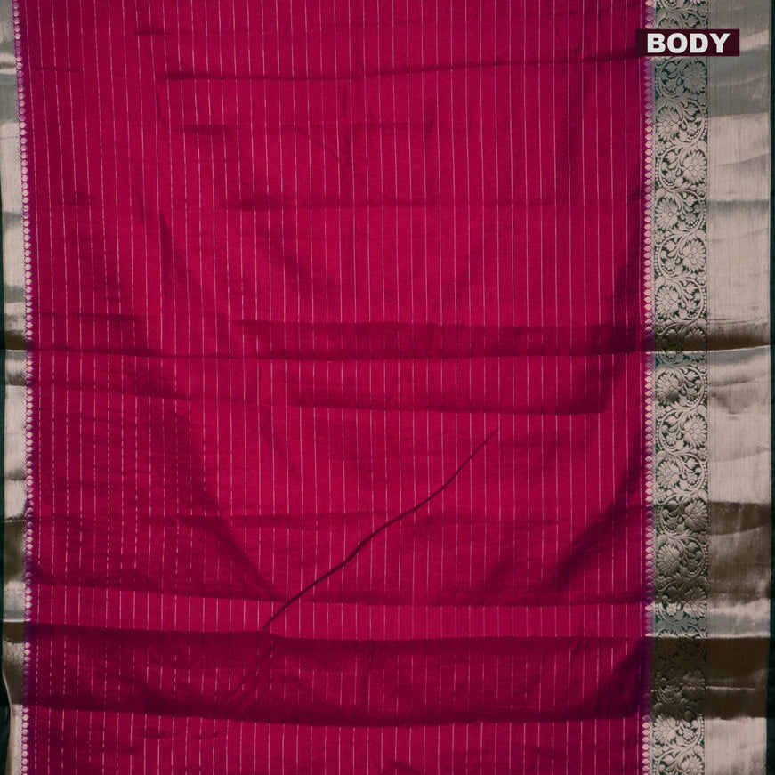 Semi dupion saree pink and dark green with allover zari stripes pattern and long zari woven border & meenakari blouse