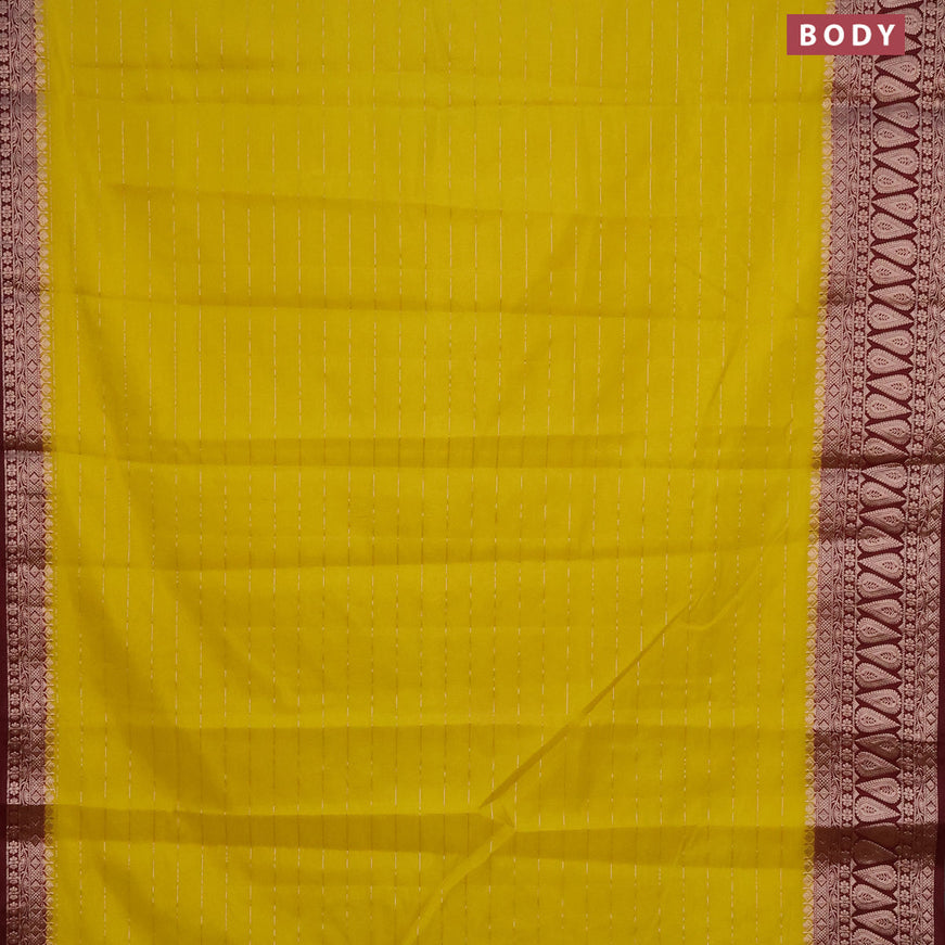 Semi dupion saree yellow and maroon with allover zari stripes pattern and zari woven border & meenakari blouse