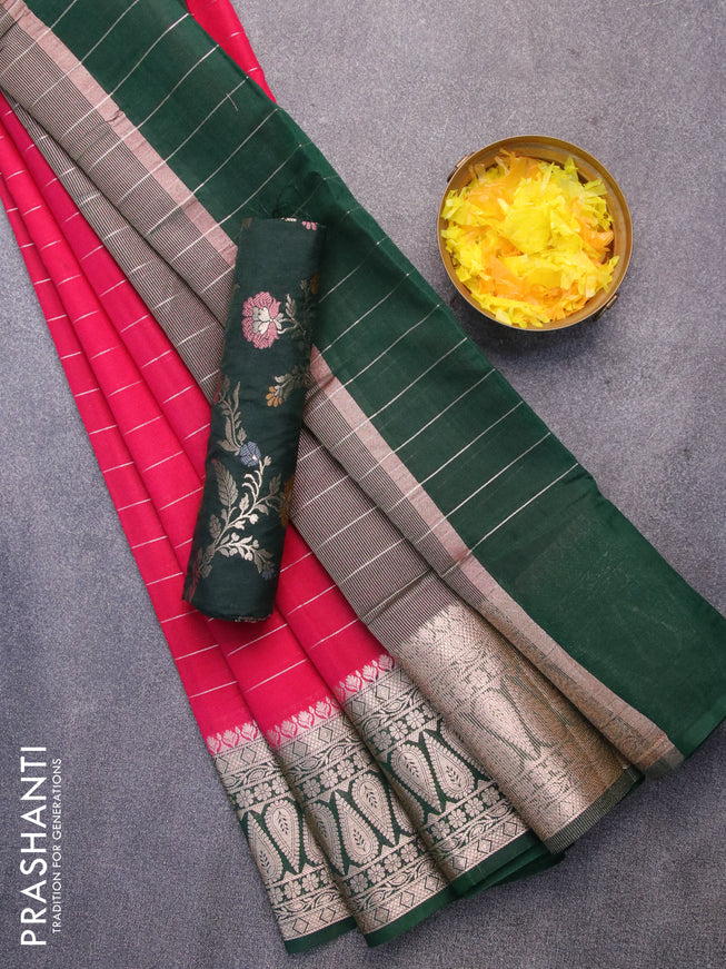 Semi dupion saree dark pink and dark green with allover zari stripes pattern and zari woven border & meenakari blouse