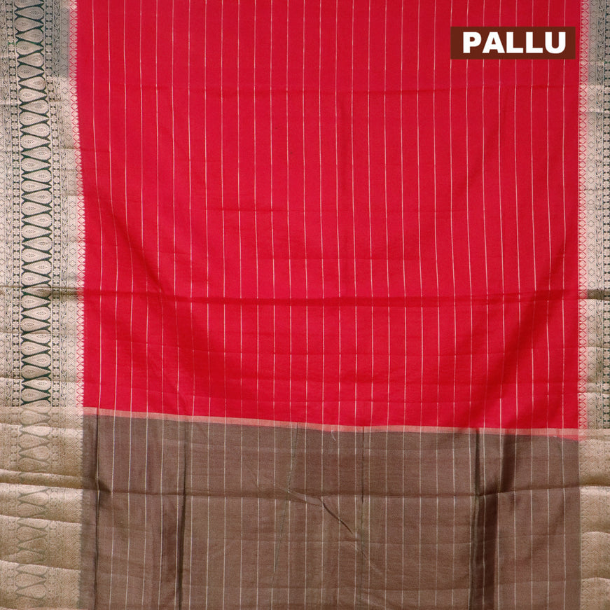 Semi dupion saree dark pink and dark green with allover zari stripes pattern and zari woven border & meenakari blouse