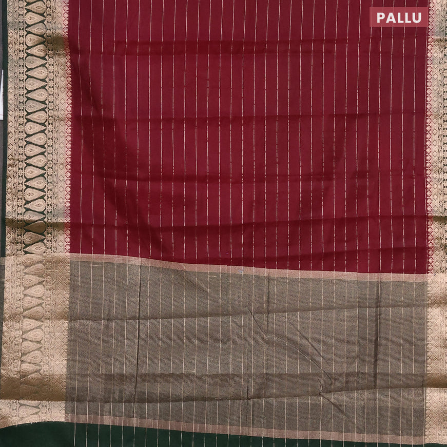 Semi dupion saree deep maroon and dark green with allover zari stripes pattern and long zari woven border & meenakari blouse