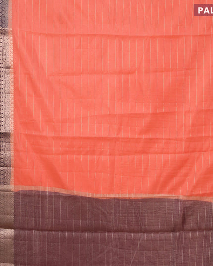 Semi dupion saree peach orange and navy blue with allover zari stripes pattern and zari woven border & meenakari blouse