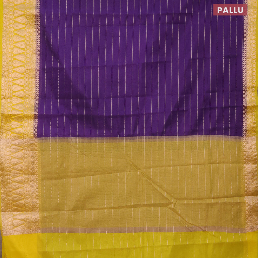 Semi dupion saree violet shade and lime yellow with allover zari stripes pattern and zari woven border & meenakari blouse