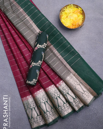 Semi dupion saree wine shade and green with allover zari stripes pattern and zari woven border & meenakari blouse