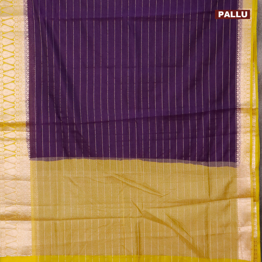 Semi dupion saree violet shade and lime yellow with allover zari stripes pattern and zari woven border & meenakari blouse