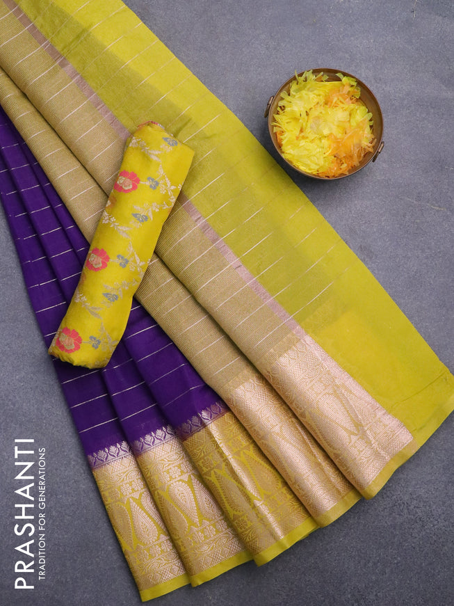 Semi dupion saree violet and yellow with allover zari stripes pattern and zari woven border & meenakari blouse
