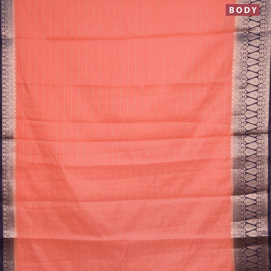 Semi dupion saree peach shade and navy blue with allover zari stripes pattern and zari woven border & meenakari blouse