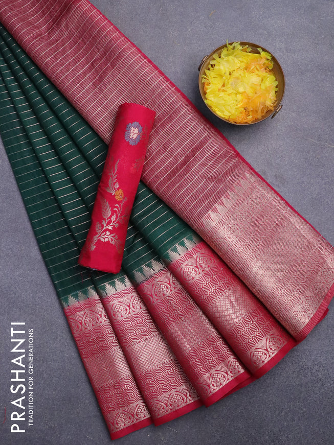 Semi dupion saree dark green and pink with allover zari stripes pattern and long zari woven border & meenakari blouse