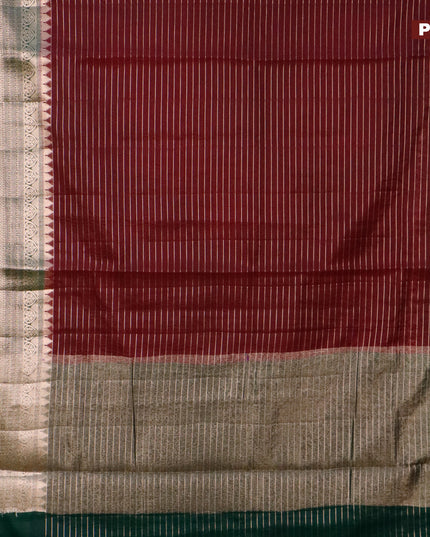 Semi dupion saree deep maroon and green with allover zari stripes pattern and long zari woven border & meenakari blouse