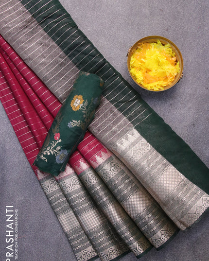 Semi dupion saree deep maroon and bottle green with allover zari stripes pattern and long zari woven border & meenakari blouse
