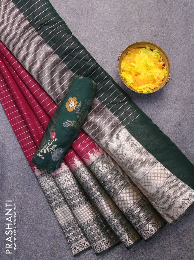 Semi dupion saree deep maroon and bottle green with allover zari stripes pattern and long zari woven border & meenakari blouse