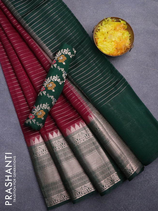 Semi dupion saree maroon and green with allover zari stripes pattern and long zari woven border & meenakari blouse