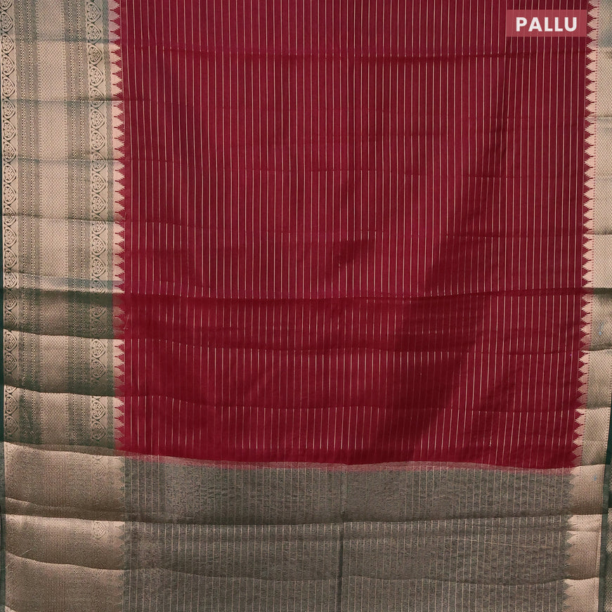 Semi dupion saree maroon and green with allover zari stripes pattern and long zari woven border & meenakari blouse
