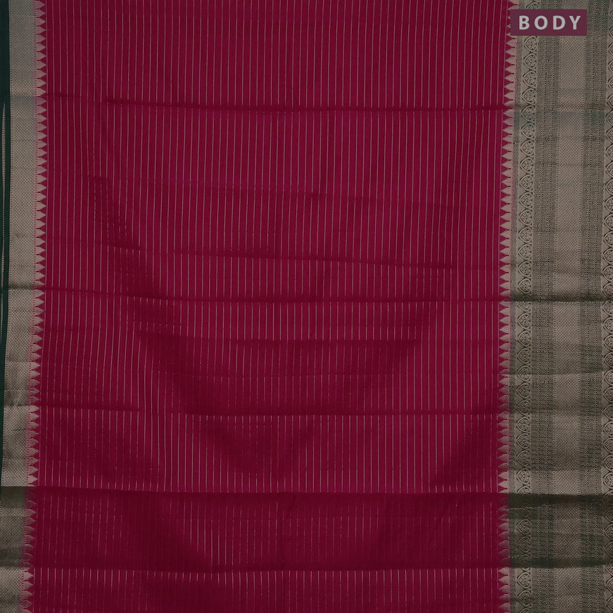 Semi dupion saree reddish pink and dark green with allover zari stripes pattern and long zari woven border & meenakari blouse