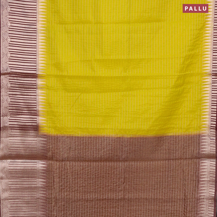 Semi dupion saree lime yellow and maroon with allover zari stripes pattern and long temple zari woven border & meenakari blouse