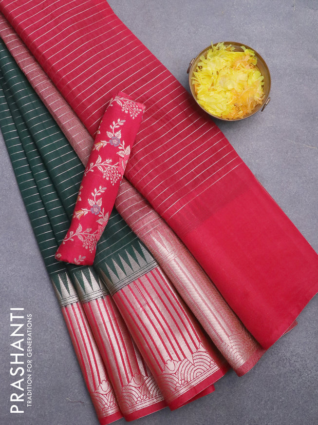 Semi dupion saree bottle green and pink with allover zari stripes pattern and long temple zari woven border & meenakari blouse