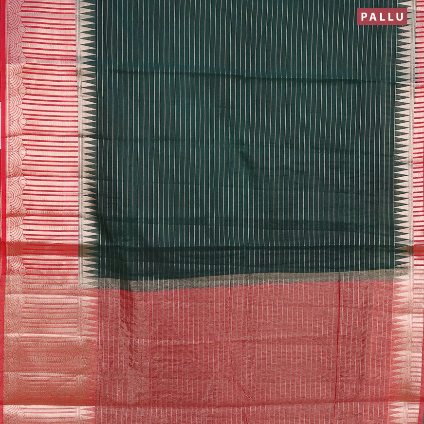 Semi dupion saree bottle green and pink with allover zari stripes pattern and long temple zari woven border & meenakari blouse