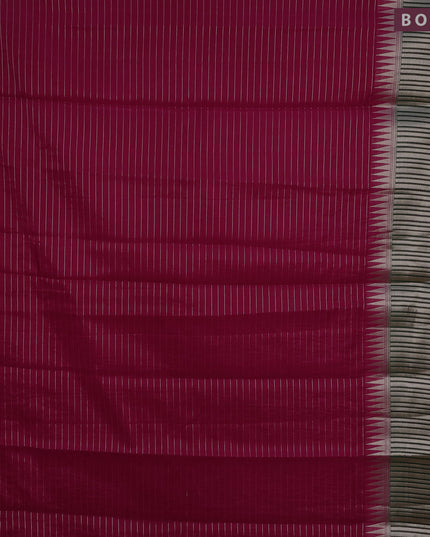 Semi dupion saree tomato red and dark green with allover zari stripes pattern and long temple zari woven border & meenakari blouse