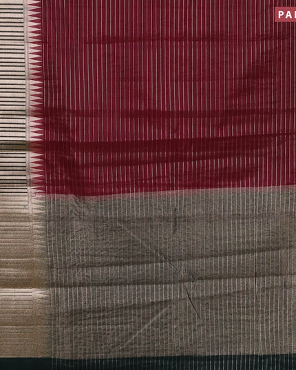 Semi dupion saree deep maroon and dark green with allover zari stripes pattern and long temple zari woven border & meenakari blouse