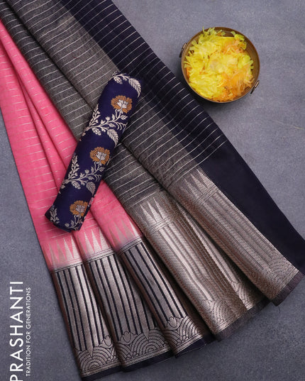 Semi dupion saree peach pink shade and navy blue with allover zari stripes pattern and long temple zari woven border & meenakari blouse