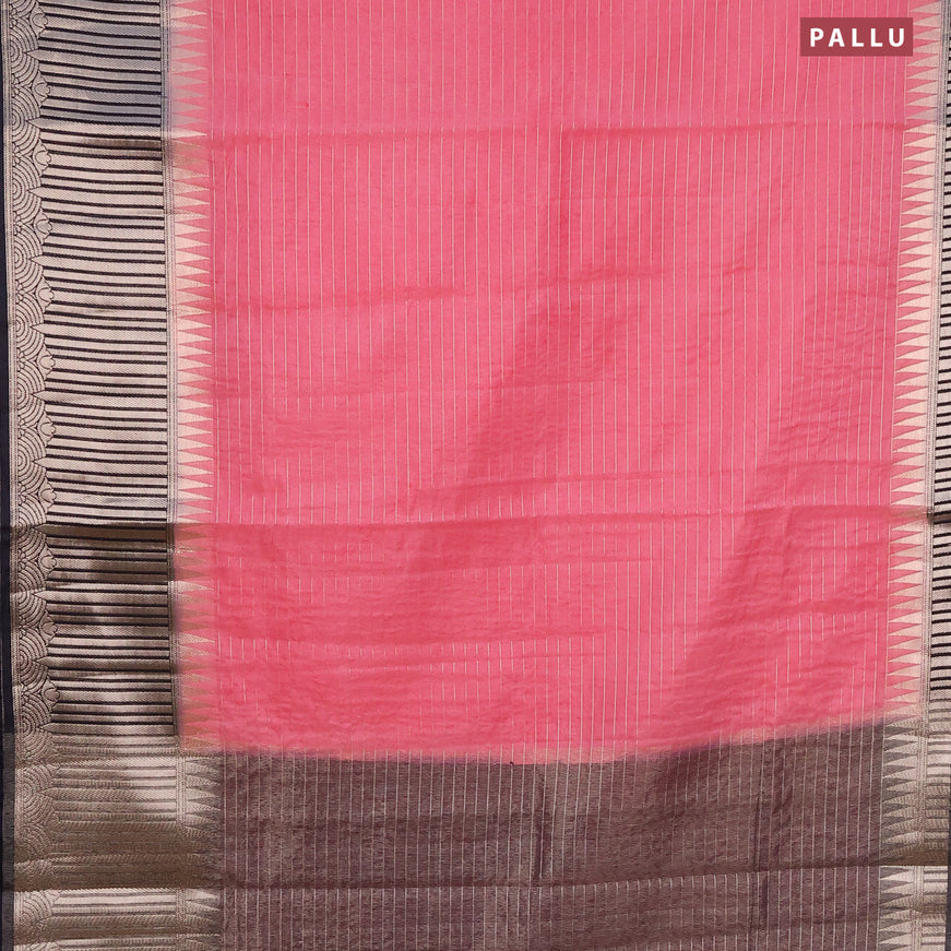 Semi dupion saree peach pink shade and navy blue with allover zari stripes pattern and long temple zari woven border & meenakari blouse