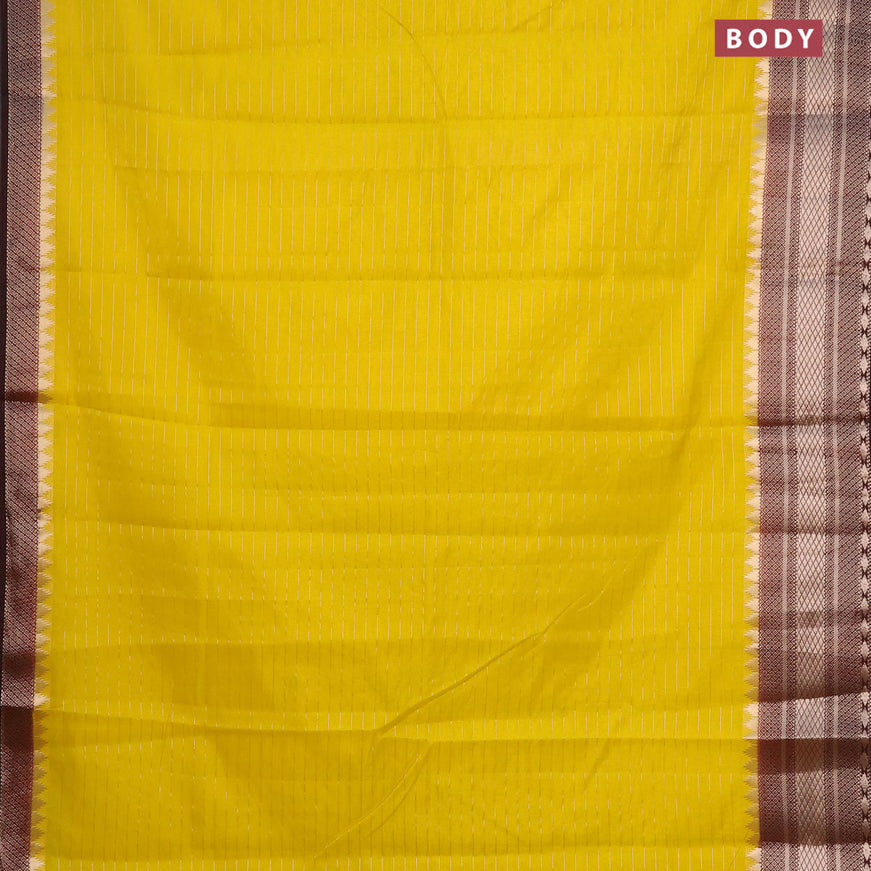Semi dupion saree yellow and maroon with allover zari stripes pattern and zari woven border & meenakari blouse