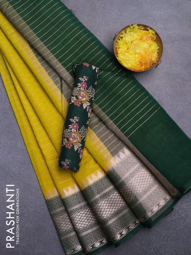 Semi dupion saree yellow and dark green with allover zari stripes pattern and long zari woven border & meenakari blouse