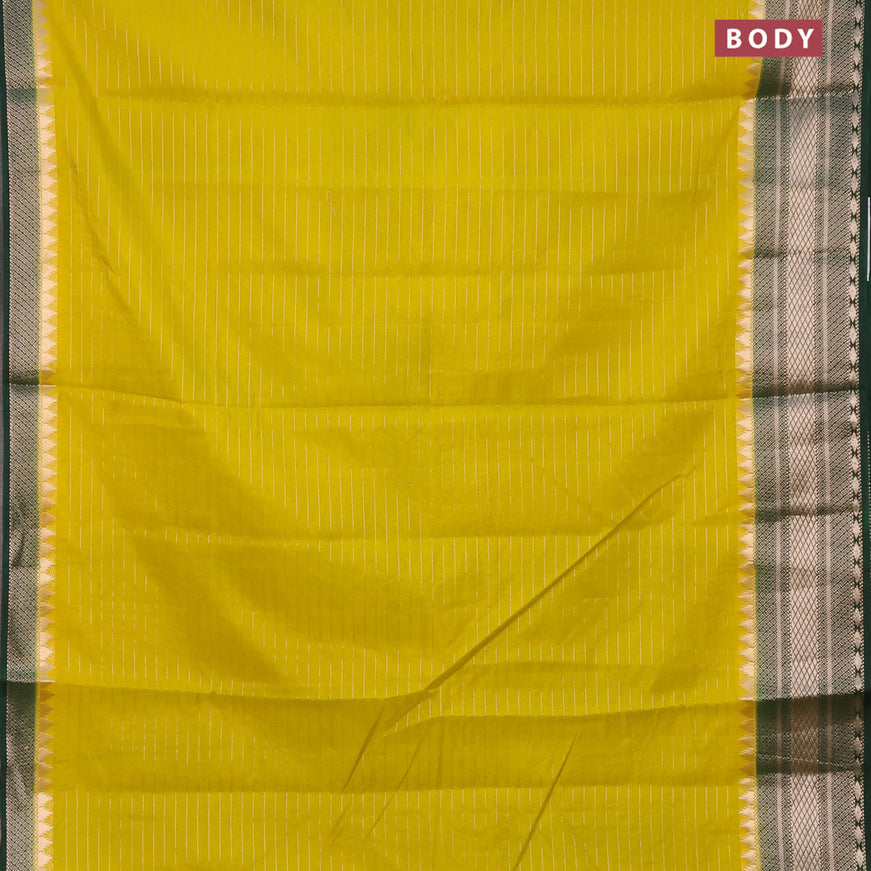 Semi dupion saree yellow and dark green with allover zari stripes pattern and long zari woven border & meenakari blouse