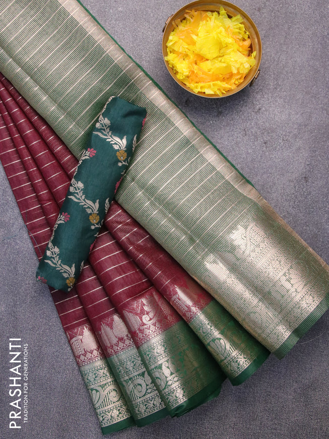 Semi dupion saree deep maroon and green with allover zari stripes pattern and zari woven border & meenakari blouse
