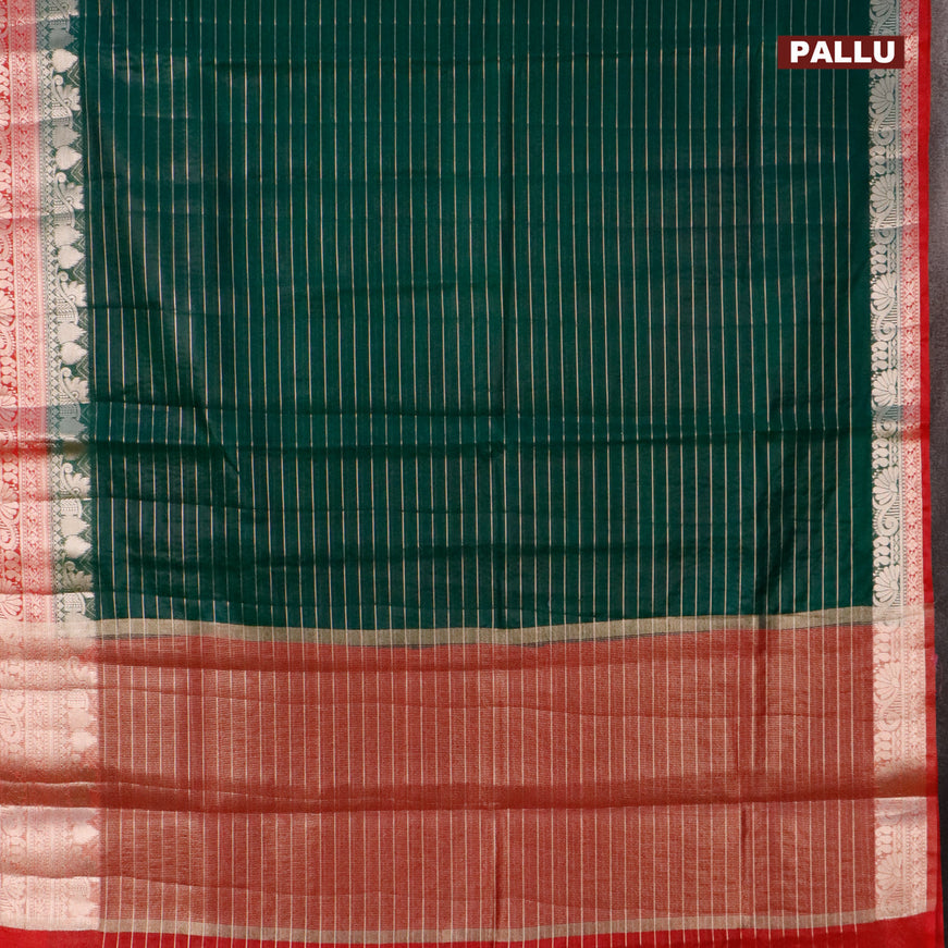 Semi dupion saree dark green and red with allover zari stripes pattern and zari woven border & meenakari blouse