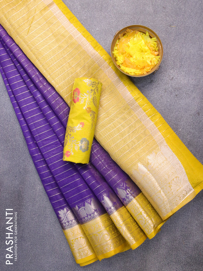 Semi dupion saree violet shade and yellow with allover zari stripes pattern and zari woven border & meenakari blouse