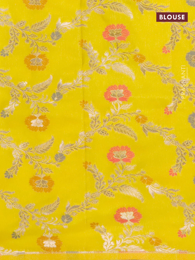 Semi dupion saree violet shade and yellow with allover zari stripes pattern and zari woven border & meenakari blouse