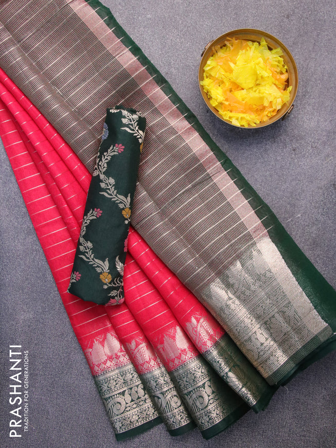 Semi dupion saree reddish pink and dark green with allover zari stripes pattern and zari woven border & meenakari blouse