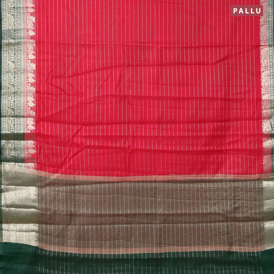 Semi dupion saree reddish pink and dark green with allover zari stripes pattern and zari woven border & meenakari blouse