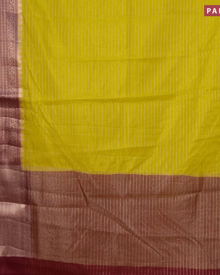 Semi dupion saree lime yellow and maroon with allover zari stripes pattern and long zari woven border & meenakari blouse