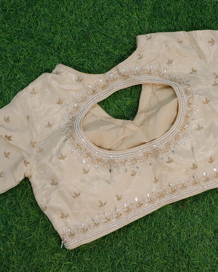 Satin silk saree cream with allover zari weaves & buttas and lace work border & embroidery work readymade blouse